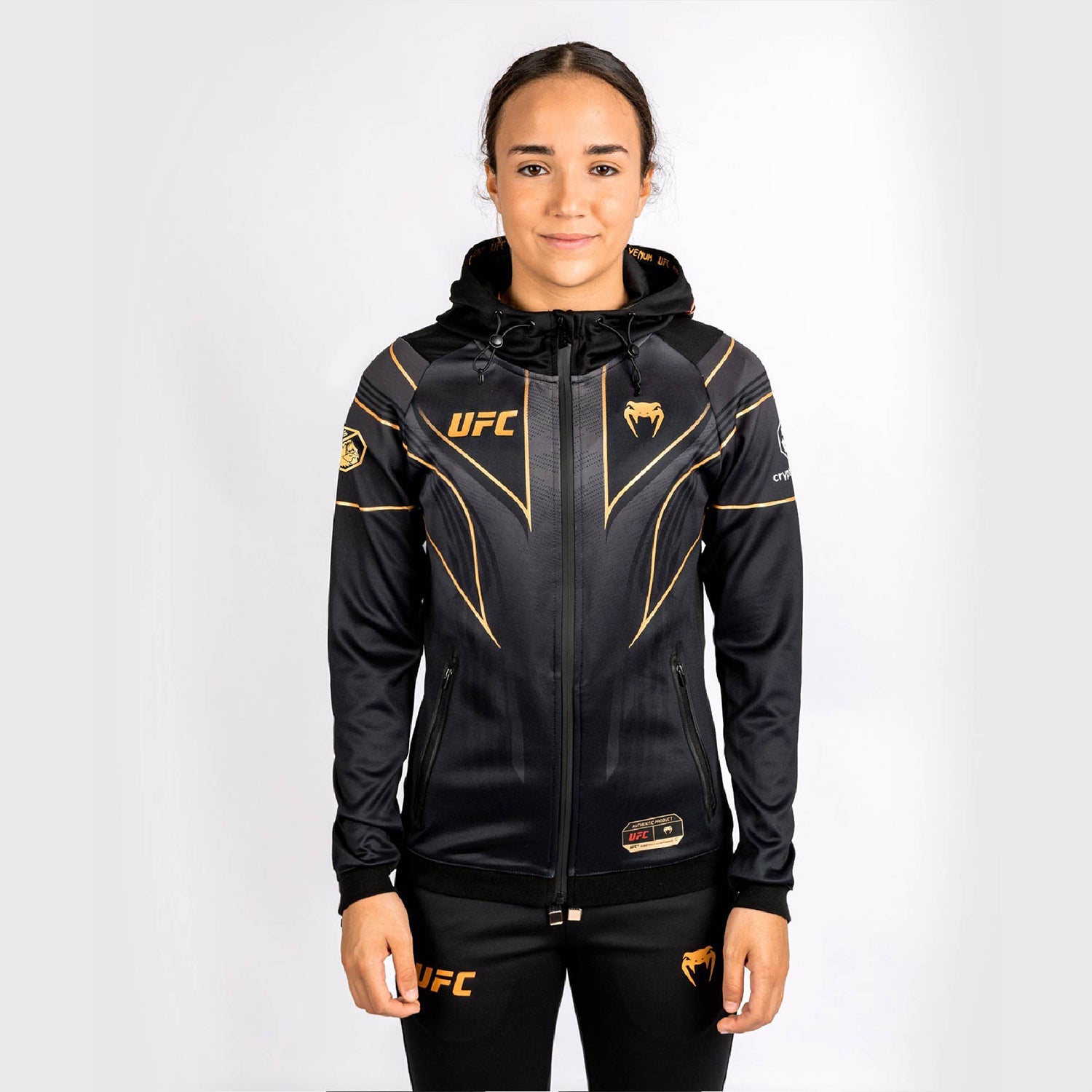 UFC VENUM Magomed Ankalaev Authentic Fight Night 2.0 Women’s Champion hoodie featuring glossy material and sublimated graphics.