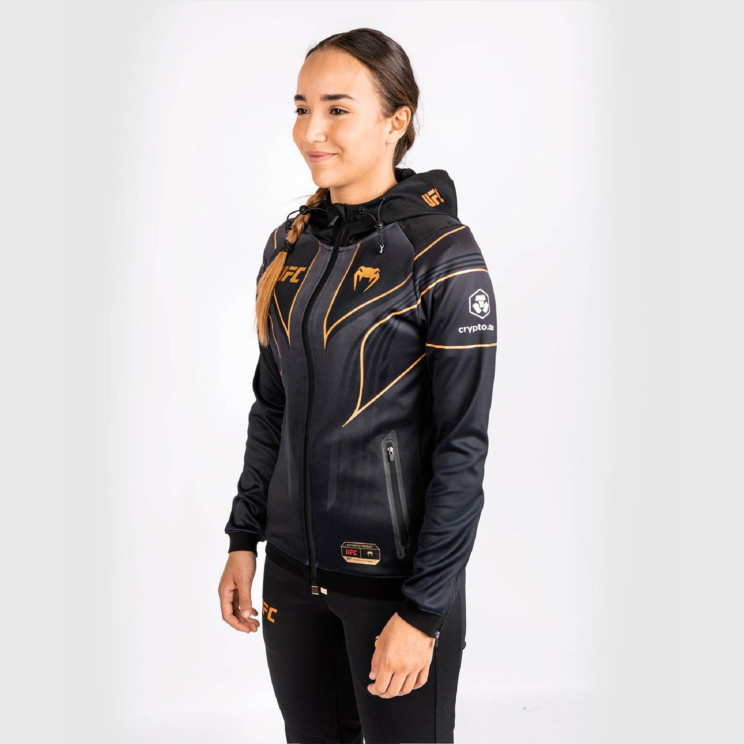 UFC VENUM Magomed Ankalaev Authentic Fight Night 2.0 Women’s Champion hoodie featuring glossy material and sublimated graphics.