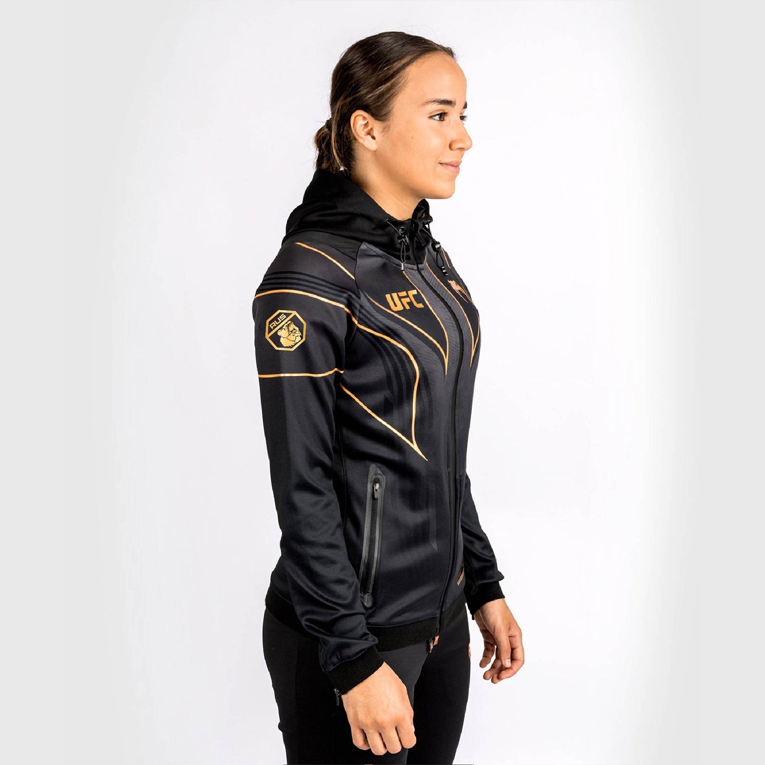 UFC VENUM Magomed Ankalaev Authentic Fight Night 2.0 Women’s Champion hoodie featuring glossy material and sublimated graphics.