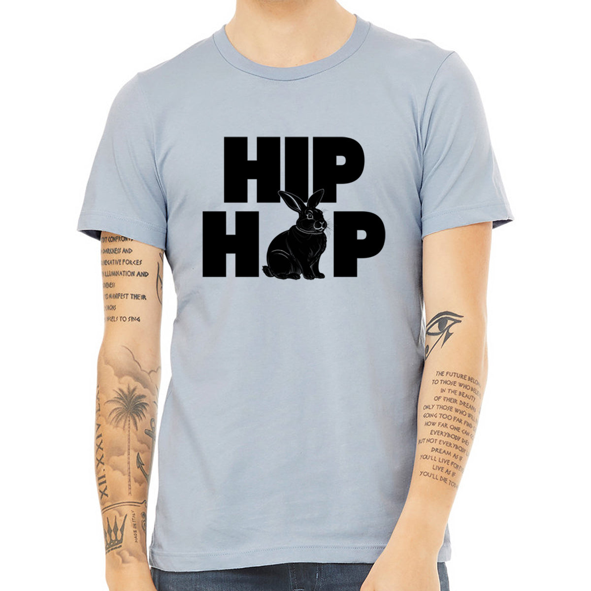 Urban Rabbit Hip Hop T-Shirt featuring a stylish bunny design, hand printed on a soft 100% cotton fabric, perfect for street style enthusiasts.