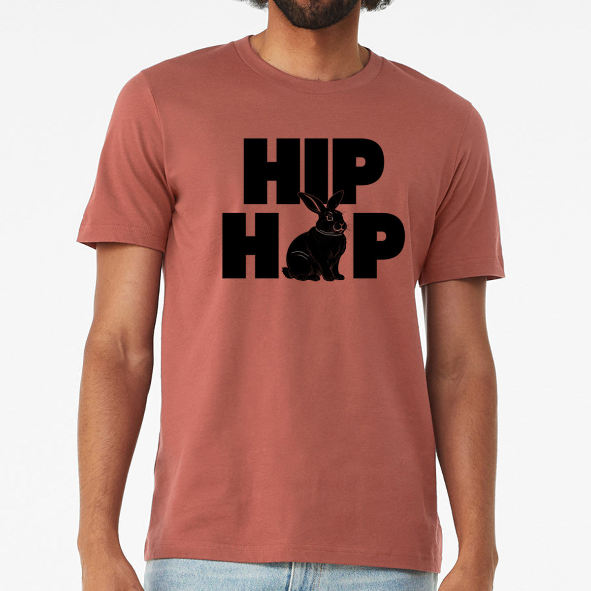 Urban Rabbit Hip Hop T-Shirt featuring a stylish bunny design, hand printed on a soft 100% cotton fabric, perfect for street style enthusiasts.