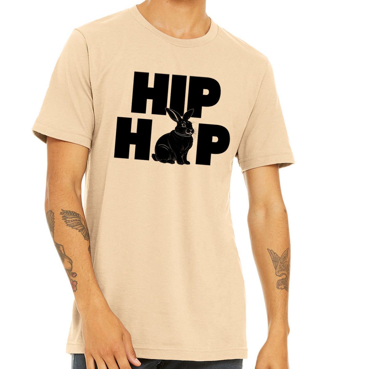 Urban Rabbit Hip Hop T-Shirt featuring a stylish bunny design, hand printed on a soft 100% cotton fabric, perfect for street style enthusiasts.