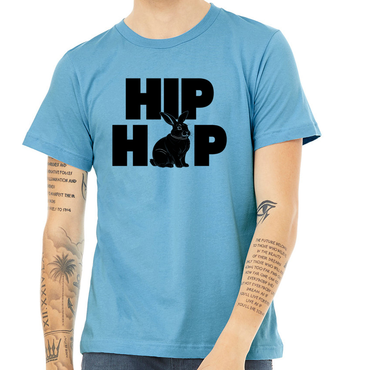 Urban Rabbit Hip Hop T-Shirt featuring a stylish bunny design, hand printed on a soft 100% cotton fabric, perfect for street style enthusiasts.