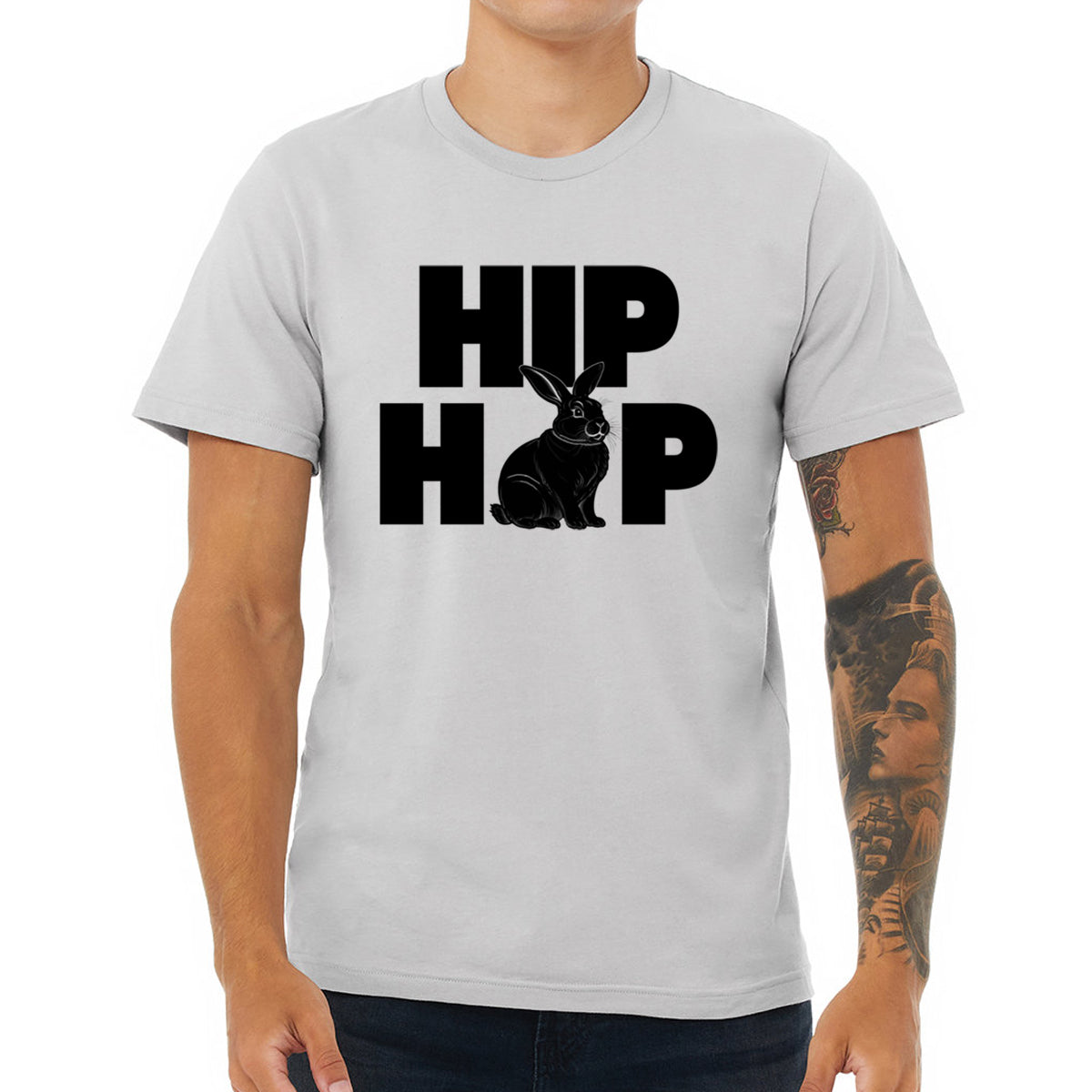 Urban Rabbit Hip Hop T-Shirt featuring a stylish bunny design, hand printed on a soft 100% cotton fabric, perfect for street style enthusiasts.