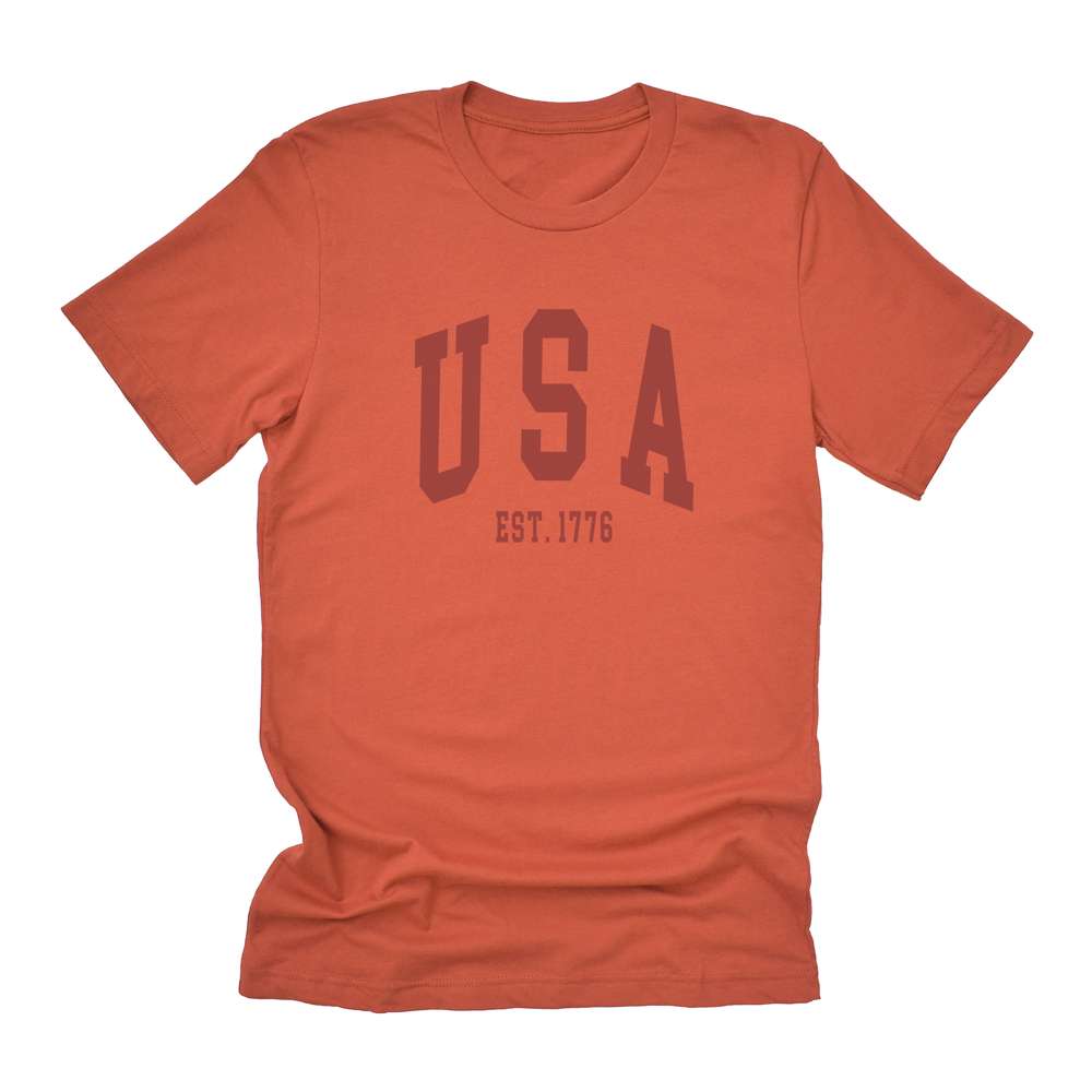 USA est 1776 Short Sleeve T-Shirt in soft cotton with a relaxed fit and distressed design, perfect for casual wear.