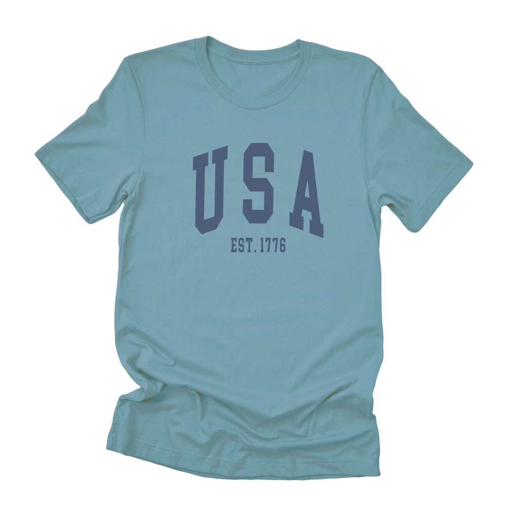 USA est 1776 Short Sleeve T-Shirt in soft cotton with a relaxed fit and distressed design, perfect for casual wear.