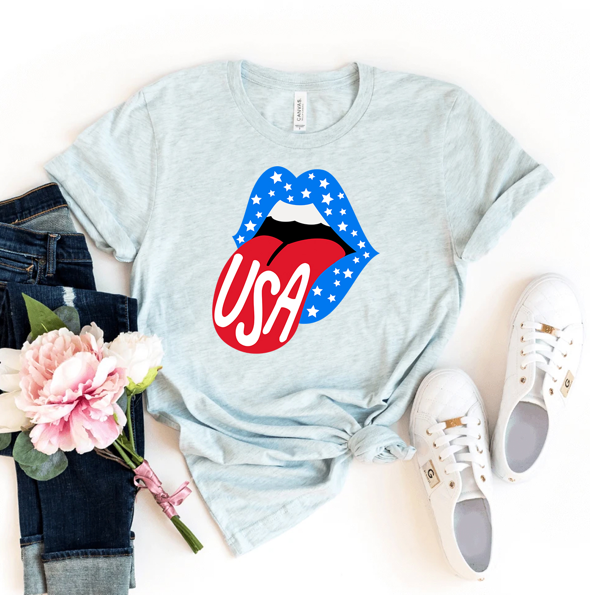 USA Lips T-shirt featuring a vibrant lip design on premium cotton fabric, showcasing its soft feel and comfortable fit.