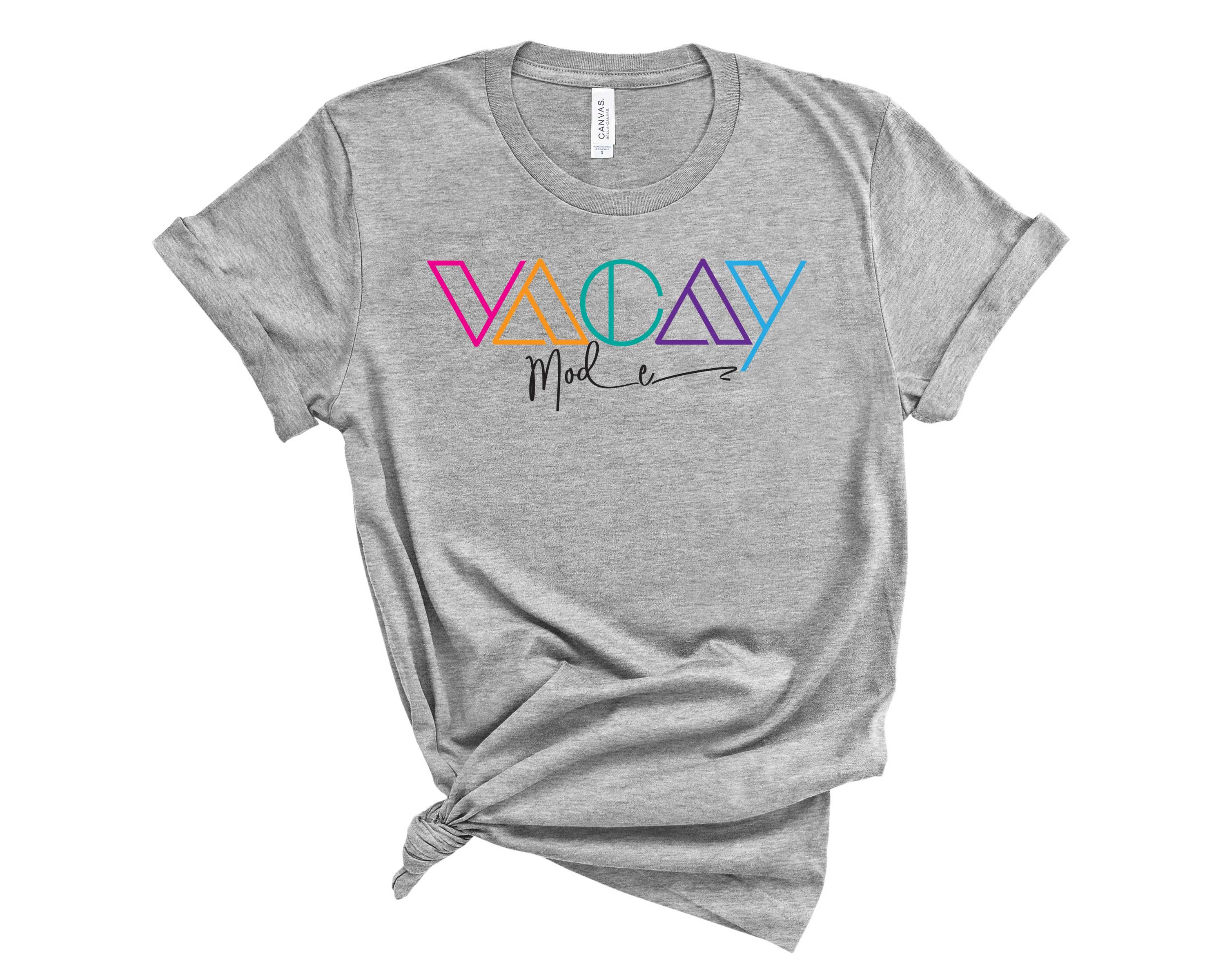 A vibrant unisex graphic tee featuring 'Vacay Mode' text, perfect for casual outings and summer vibes.