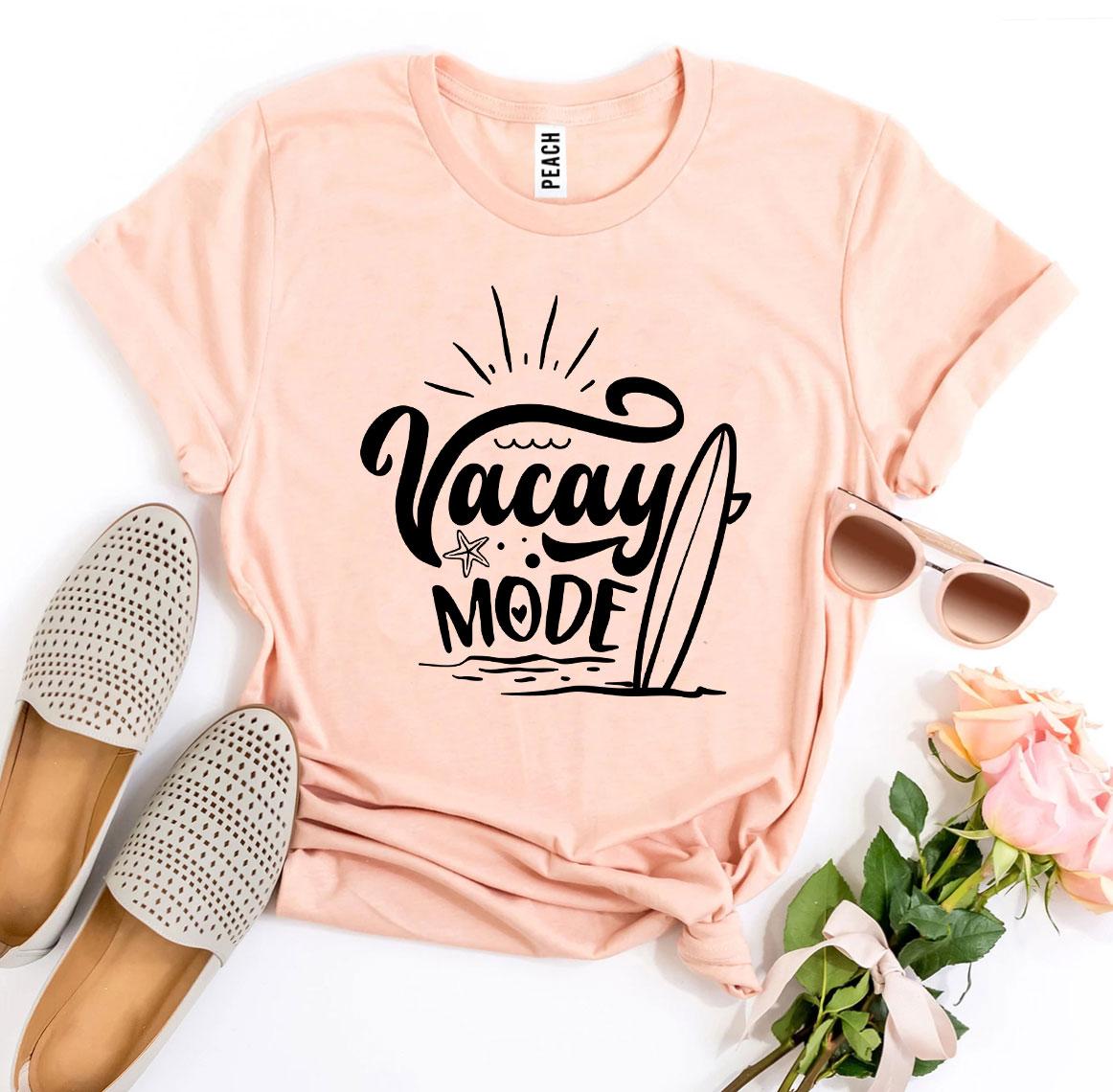 Vacay Mode T-shirt made of premium ring spun cotton, featuring a stylish flex print design, available in various sizes.