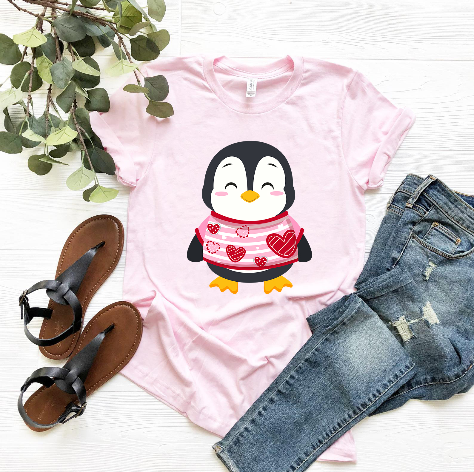 VAL0119 Valentines Penguin Shirt in various colors, showcasing a cute penguin design on a comfortable unisex T-shirt.