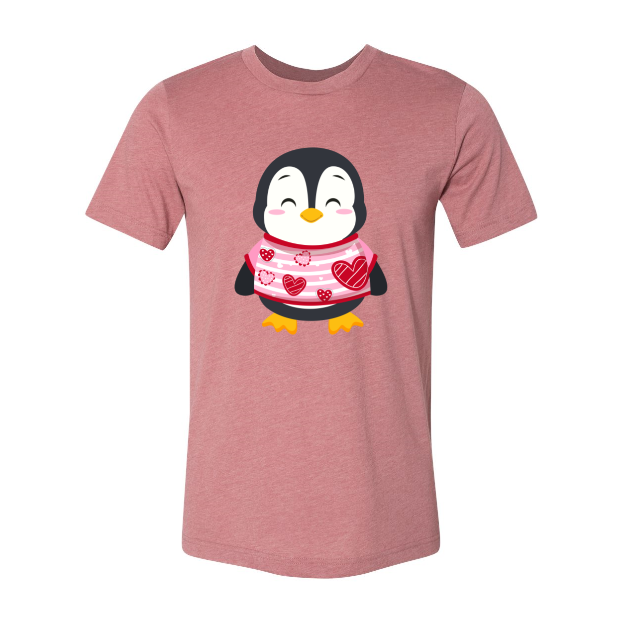 VAL0119 Valentines Penguin Shirt in various colors, showcasing a cute penguin design on a comfortable unisex T-shirt.