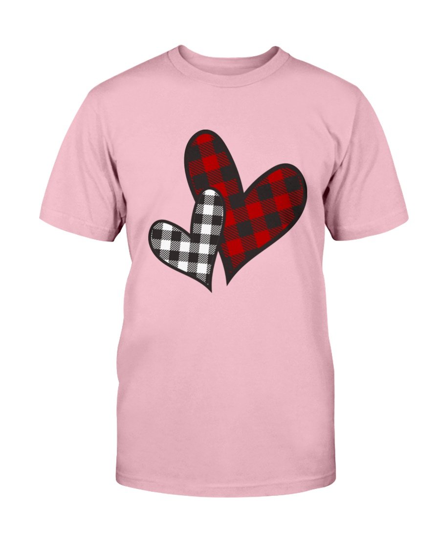 Pink shirt with plaid hearts.