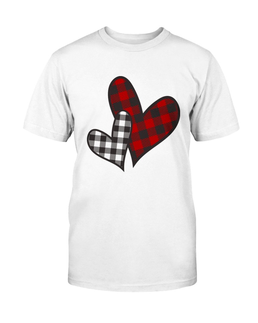 Maroon shirt with plaid hearts.