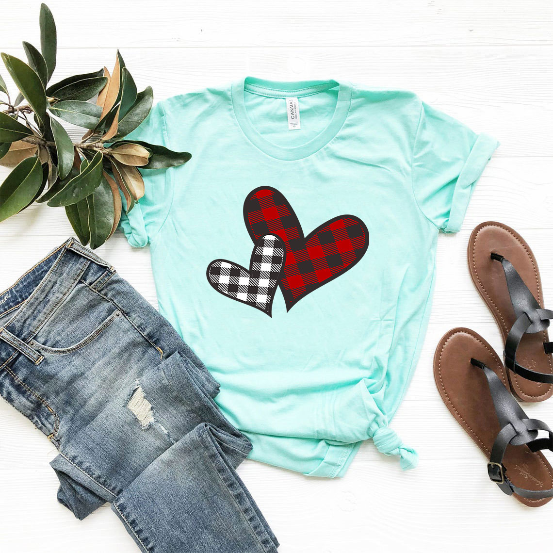 Blue shirt with plaid hearts.