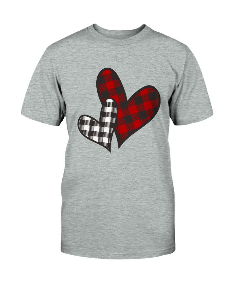 Gray shirt with plaid hearts.