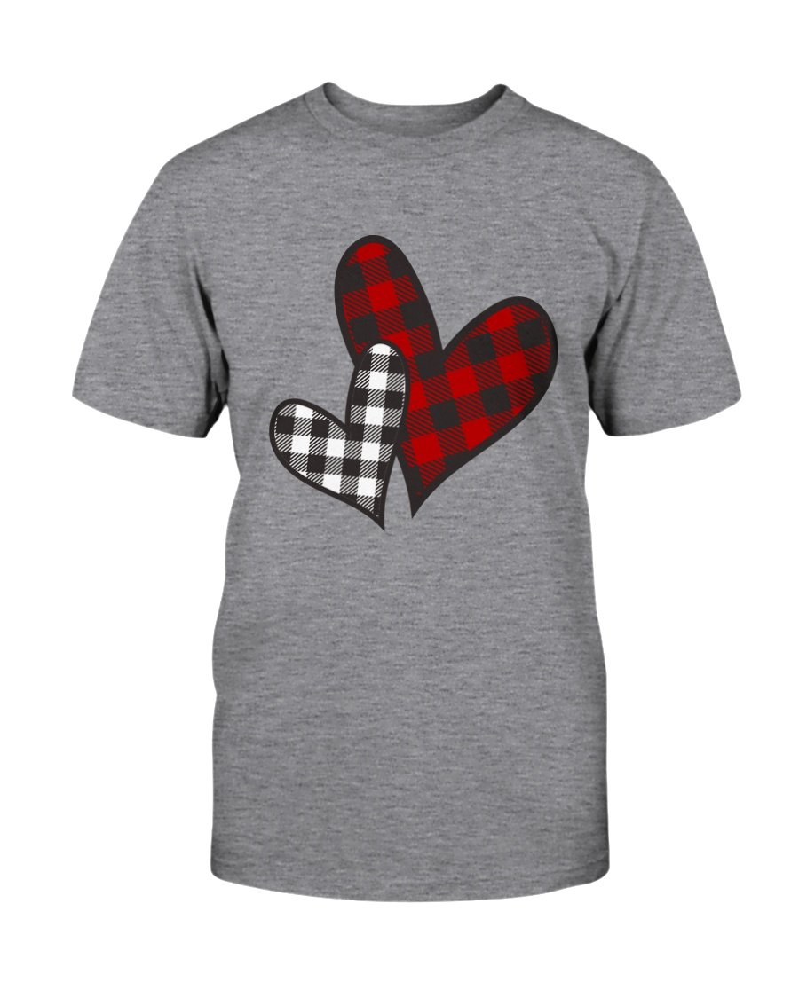 Gray shirt with plaid hearts.