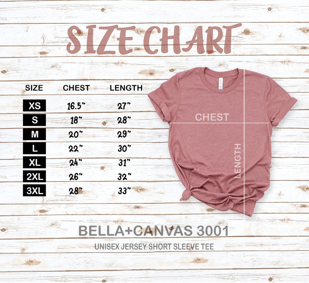 Size chart with t-shirt.