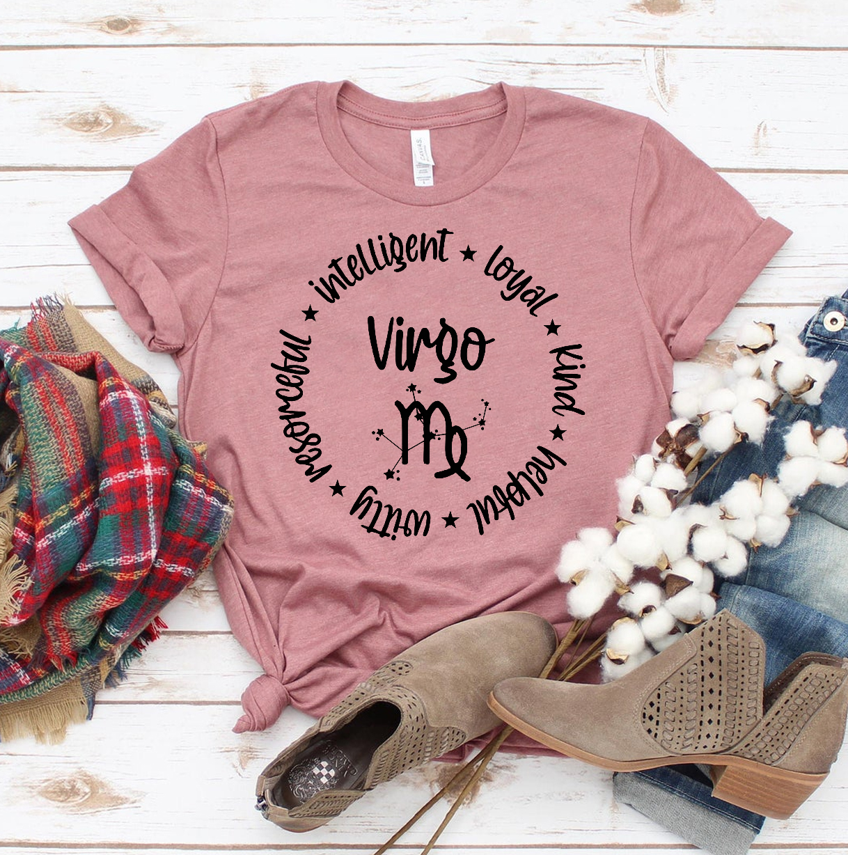 Virgo T-shirt made from premium ring spun cotton with a soft textile flex print design, available in multiple sizes.