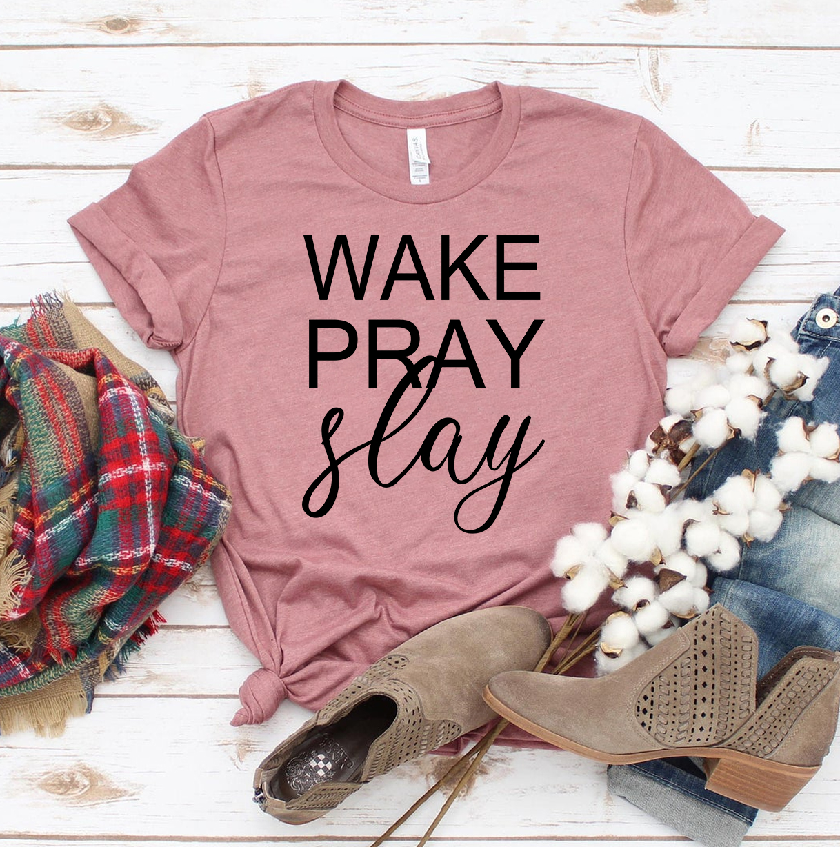 Wake Pray Slay T-shirt made from premium ring spun cotton, featuring a vibrant flex print design.