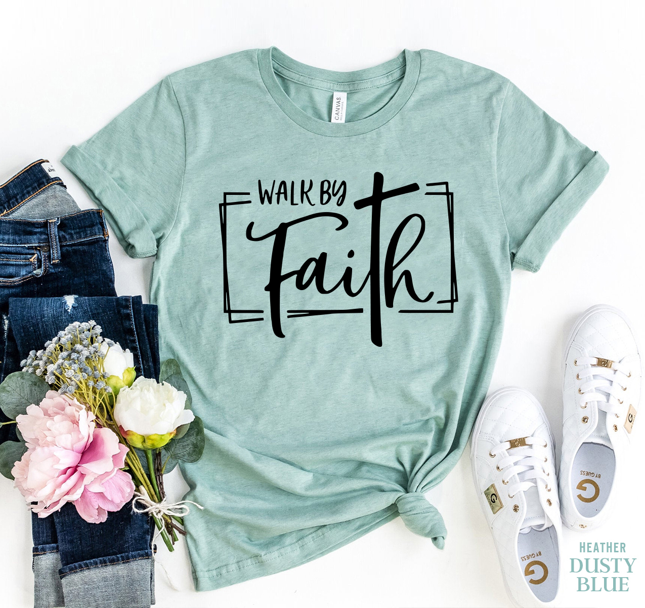 Walk By Faith T-shirt made of premium ring spun cotton with a soft feel and comfortable fit, featuring a high-quality flex print design.