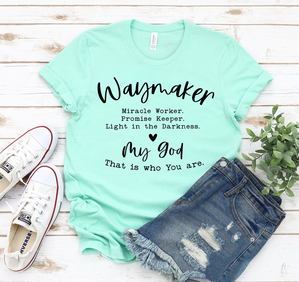 Waymaker Miracle Worker T-shirt in various sizes, showcasing its soft fabric and classic unisex design.