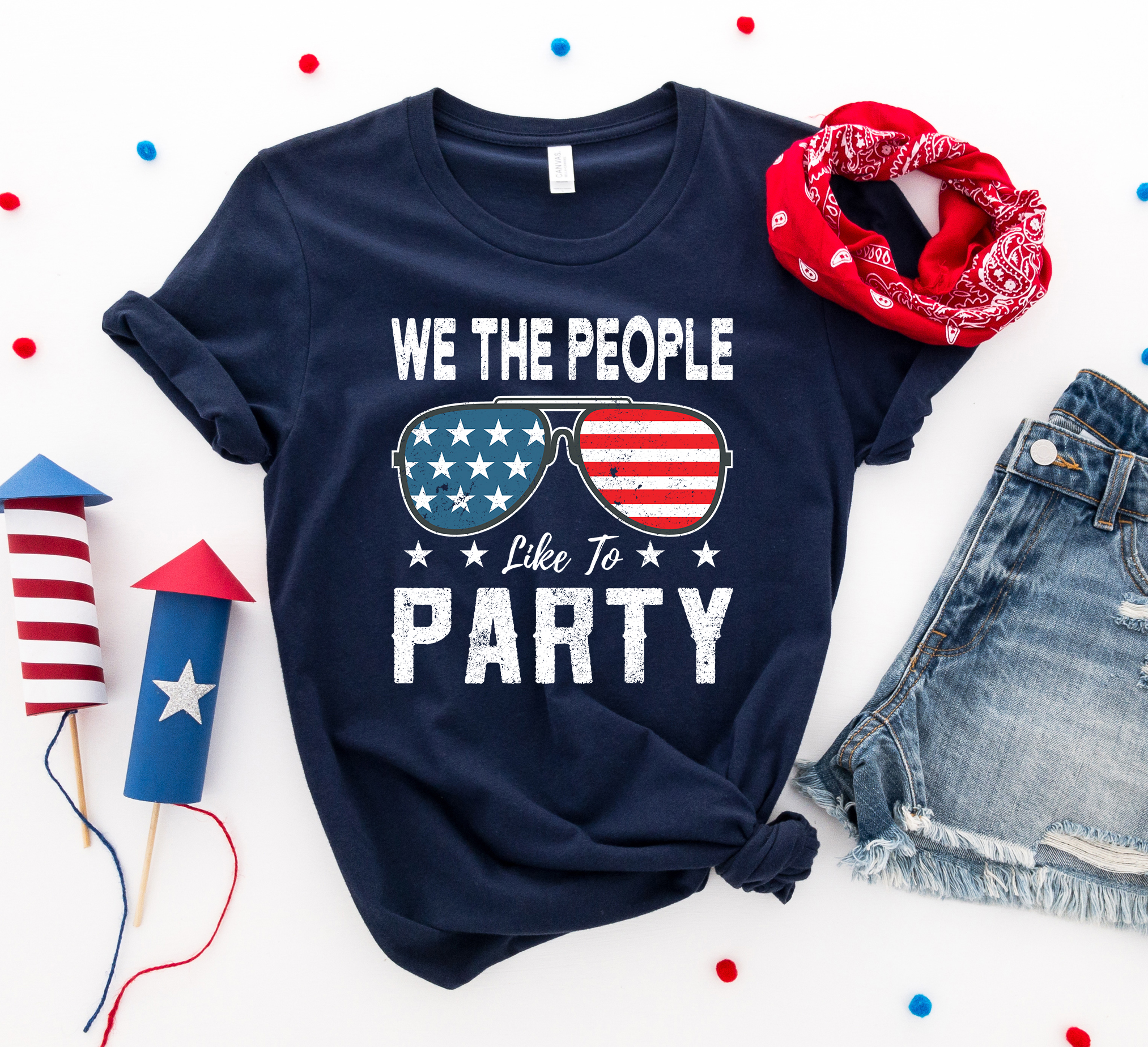 We the People Like to Party T-shirt in premium ring spun cotton, featuring a vibrant flex print design, available in multiple sizes.