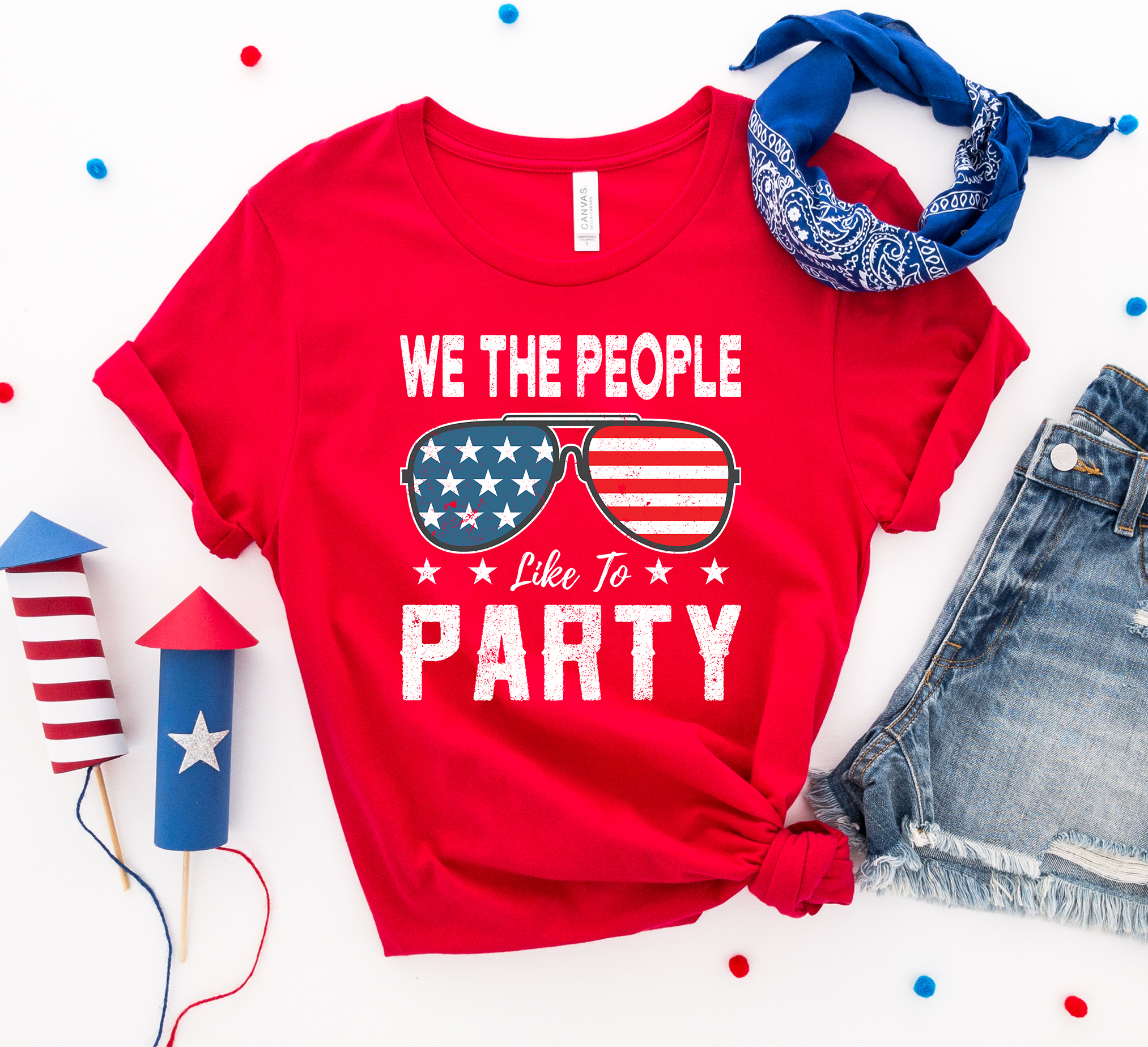 We the People Like to Party T-shirt in premium ring spun cotton, featuring a vibrant flex print design, available in multiple sizes.