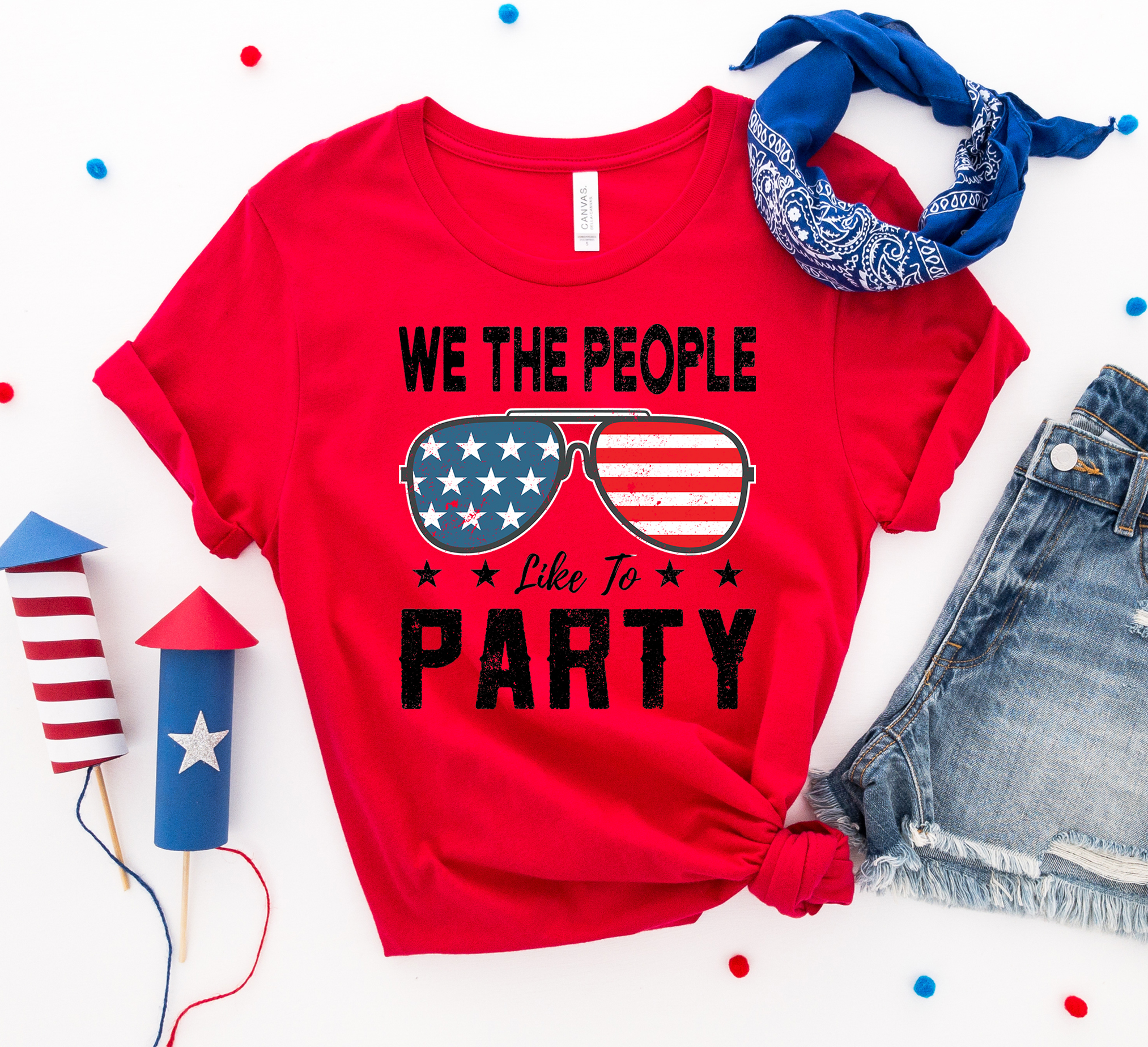 We the People Like to Party T-shirt in premium ring spun cotton, featuring a vibrant flex print design, available in multiple sizes.