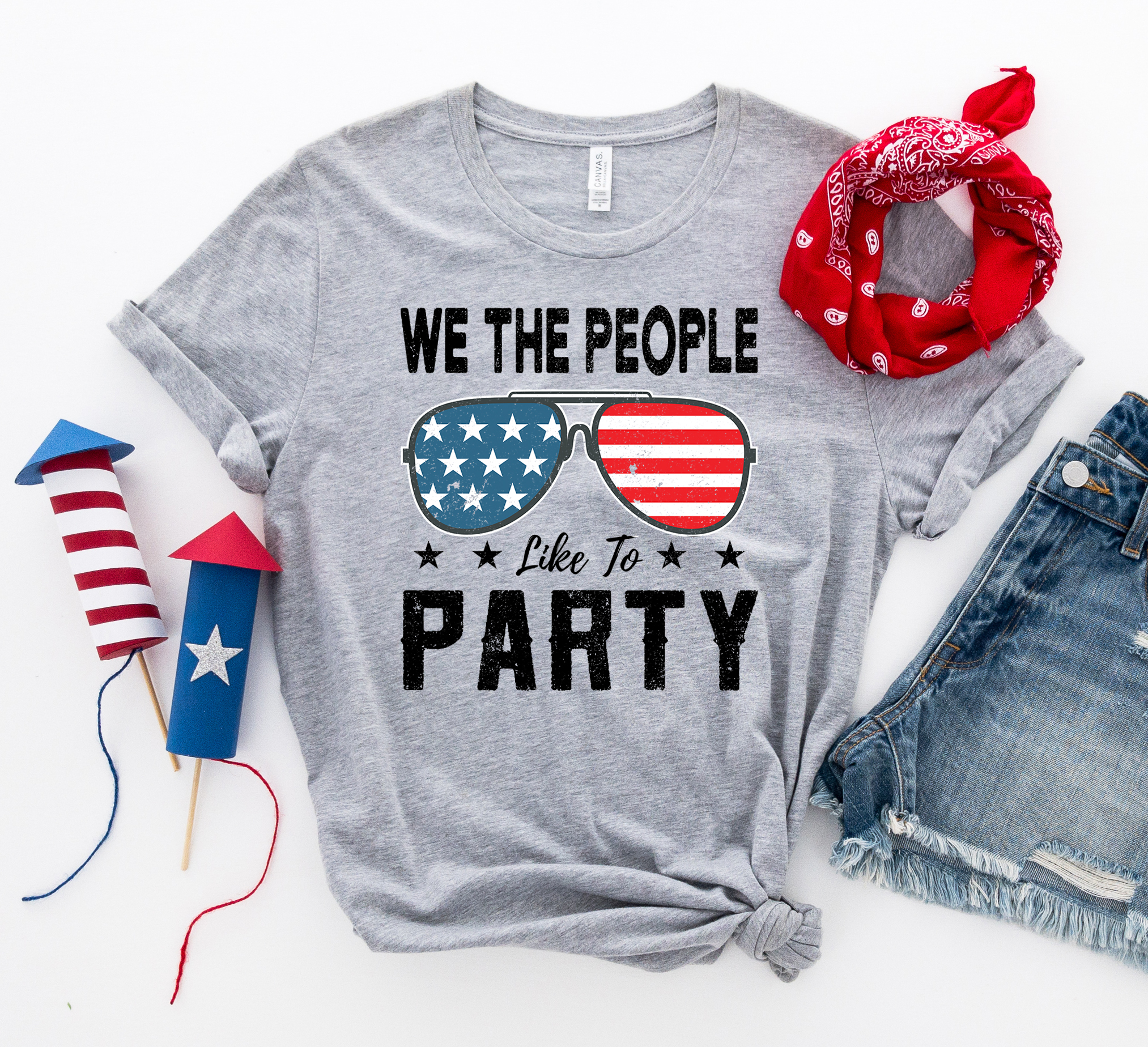 We the People Like to Party T-shirt in premium ring spun cotton, featuring a vibrant flex print design, available in multiple sizes.