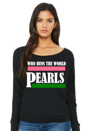 A stylish off-the-shoulder shirt featuring the phrase 'Who Runs The World' with a pearl design, perfect for casual wear.