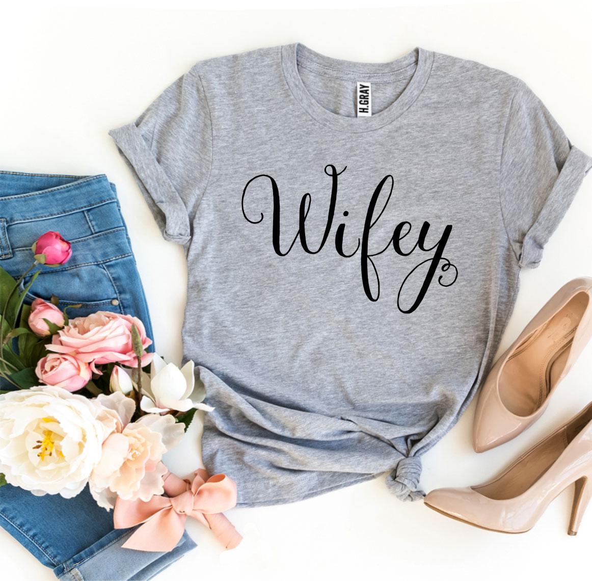 Wifey T-shirt made of premium ring spun cotton with a stylish flex print design, available in various sizes.