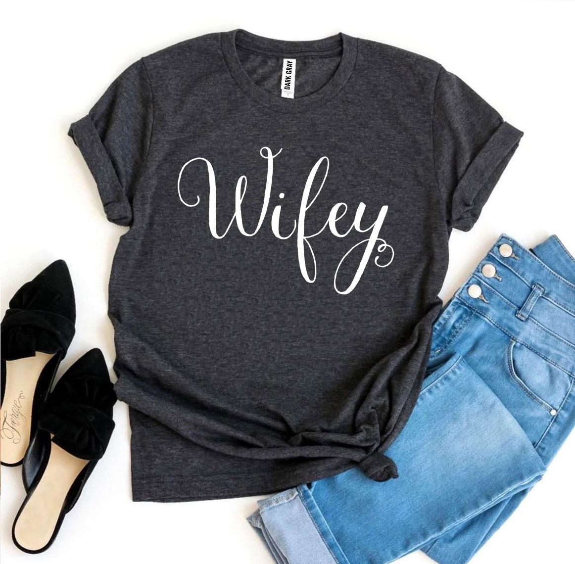 Wifey T-shirt made of premium ring spun cotton with a stylish flex print design, available in various sizes.