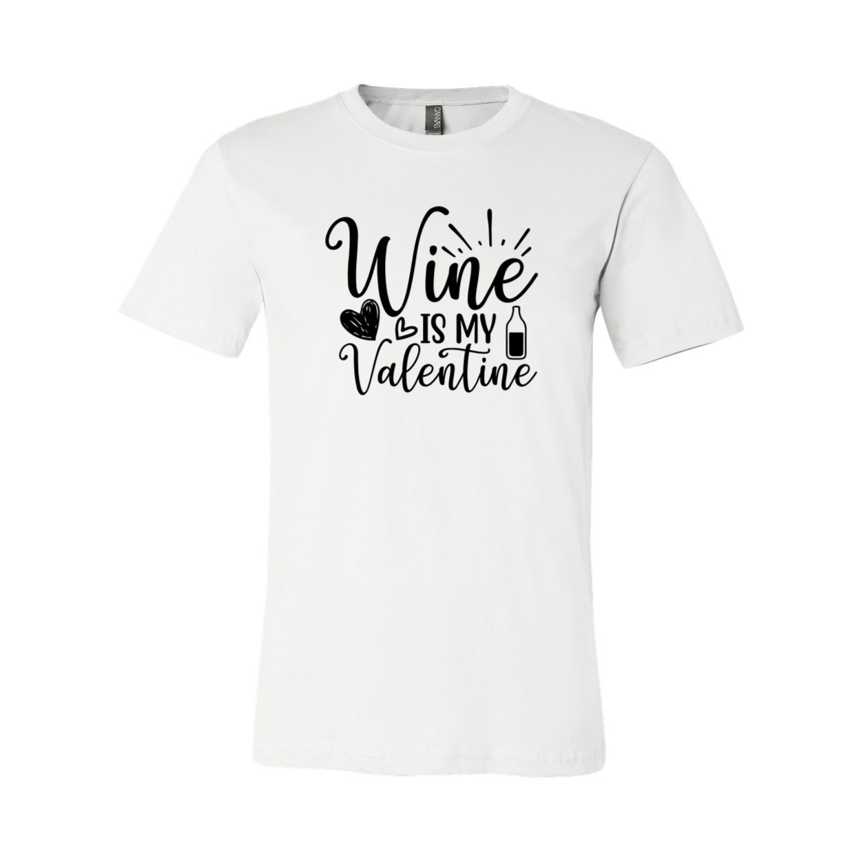 A stylish unisex T-shirt featuring the phrase 'Wine Is My Valentine' in a vibrant print, made from soft ring spun cotton.