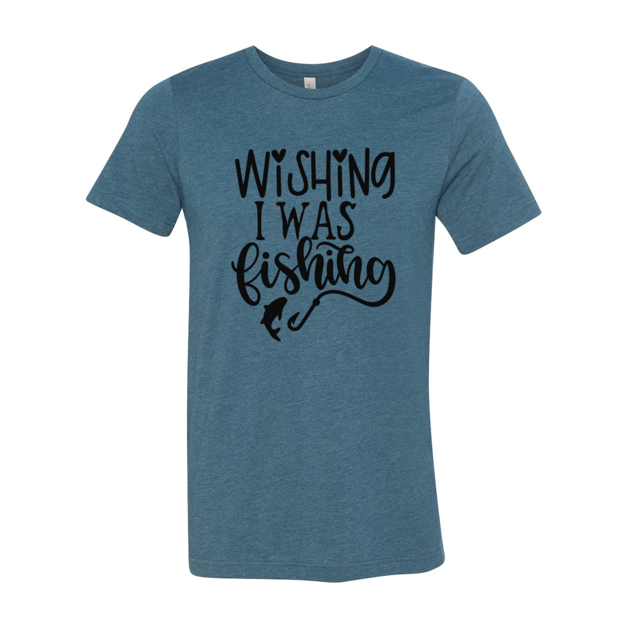 A comfortable unisex T-shirt featuring the phrase 'Wishing I Was Fishing' in vibrant print, available in multiple colors.