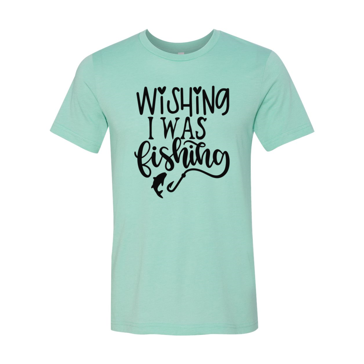 A comfortable unisex T-shirt featuring the phrase 'Wishing I Was Fishing' in vibrant print, available in multiple colors.