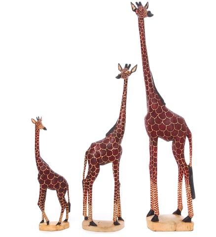 Hand-carved Wooden Jacaranda African Giraffe Sculptures showcasing unique features and vibrant colors, perfect for home decor.