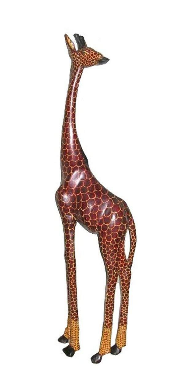 Hand-carved Wooden Jacaranda African Giraffe Sculptures showcasing unique features and vibrant colors, perfect for home decor.