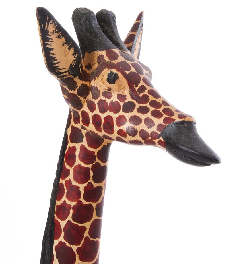 Hand-carved Wooden Jacaranda African Giraffe Sculptures showcasing unique features and vibrant colors, perfect for home decor.