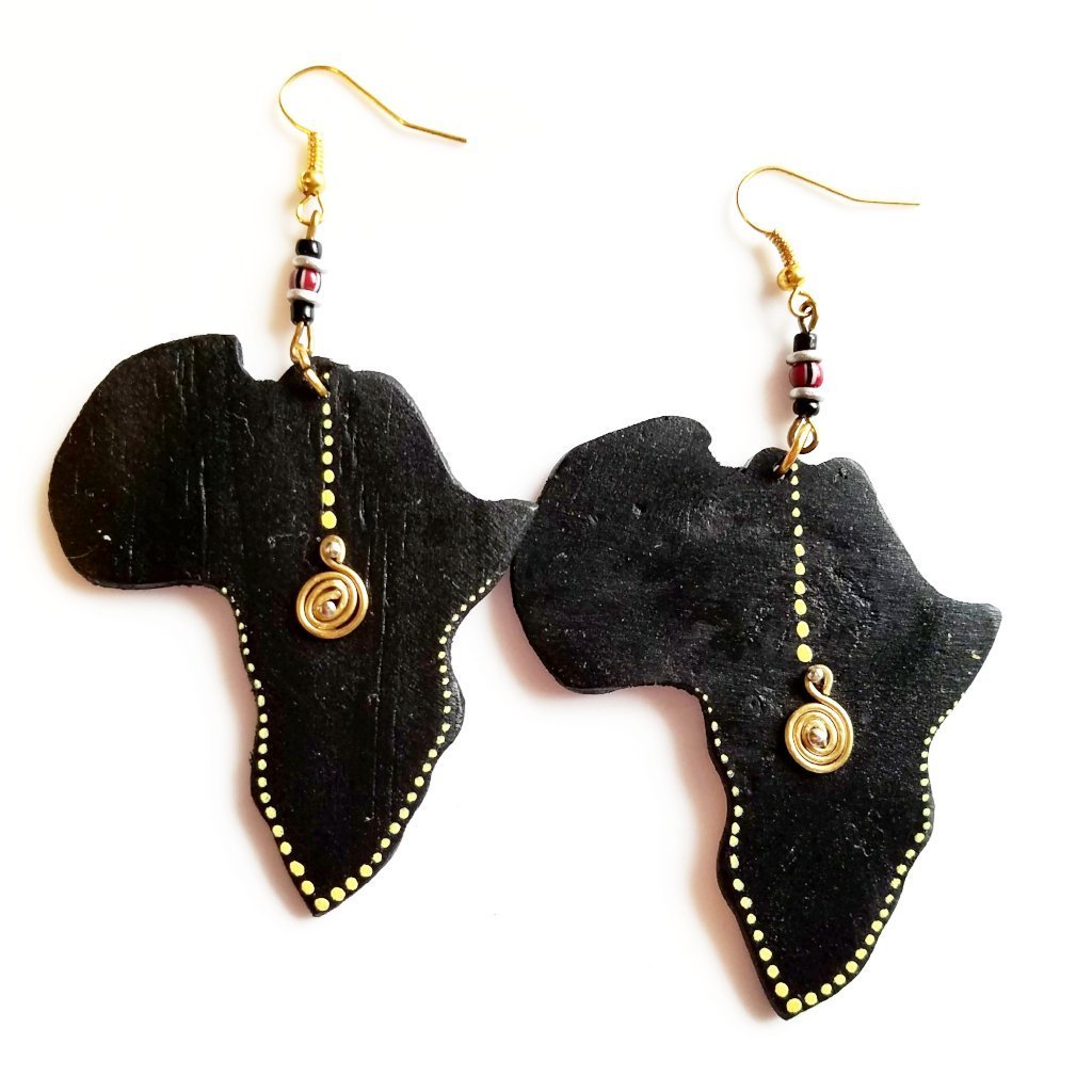 Handcrafted Wooden Map of Africa Earrings in black, showcasing intricate design and lightweight structure.