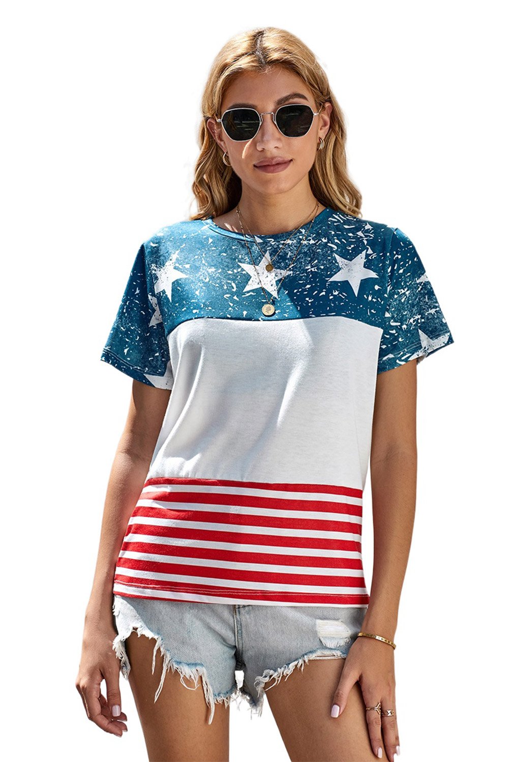 Women’s short sleeve tee featuring an American flag print, perfect for summer casual wear.