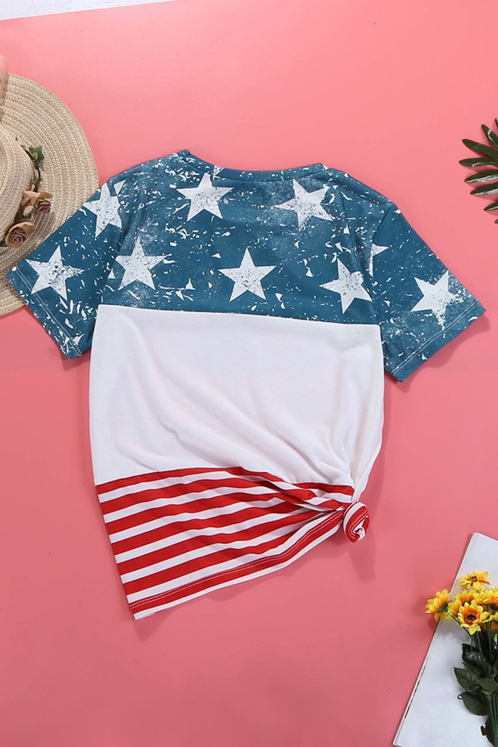 Women’s short sleeve tee featuring an American flag print, perfect for summer casual wear.