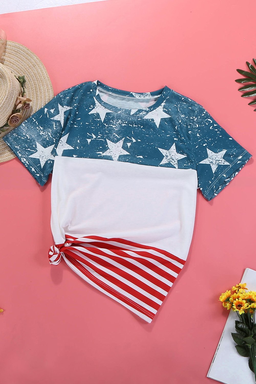 Women’s short sleeve tee featuring an American flag print, perfect for summer casual wear.