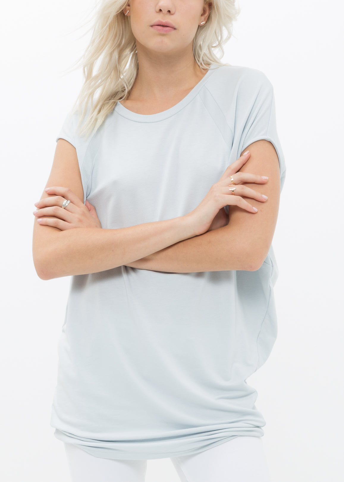 A stylish Women's Asymmetric Drape Tee featuring a unique draped design, made from a soft rayon and spandex blend, perfect for casual wear.