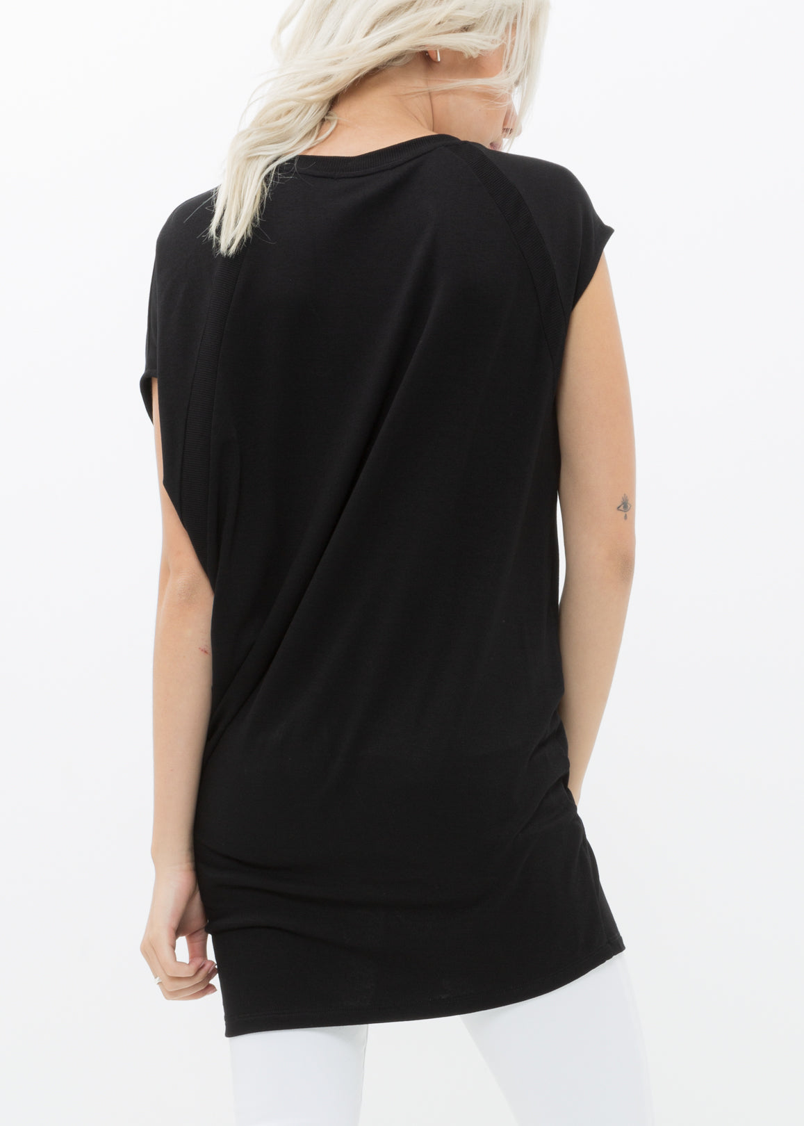 A stylish Women's Asymmetric Drape Tee featuring a unique draped design, made from a soft rayon and spandex blend, perfect for casual wear.