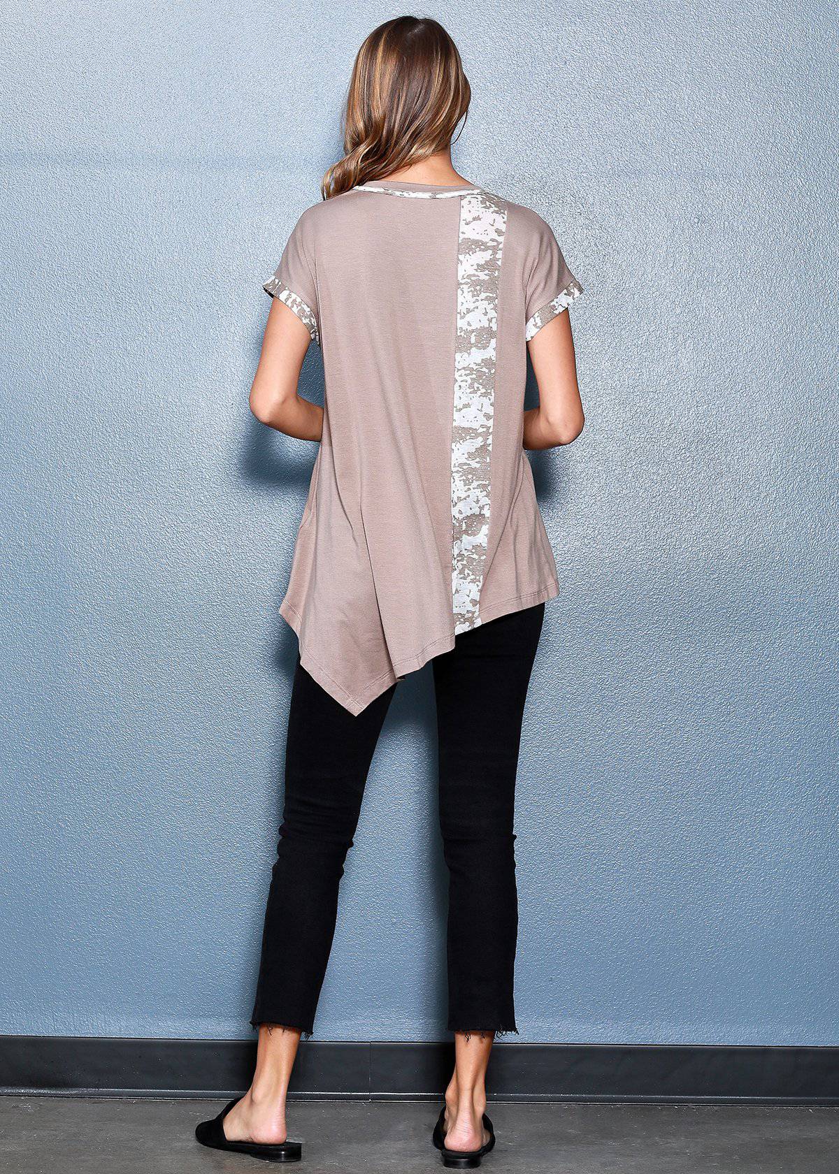 Women's Light Brown Asymmetrical Tee featuring a round neck, short sleeves, and a stylish asymmetrical hem.