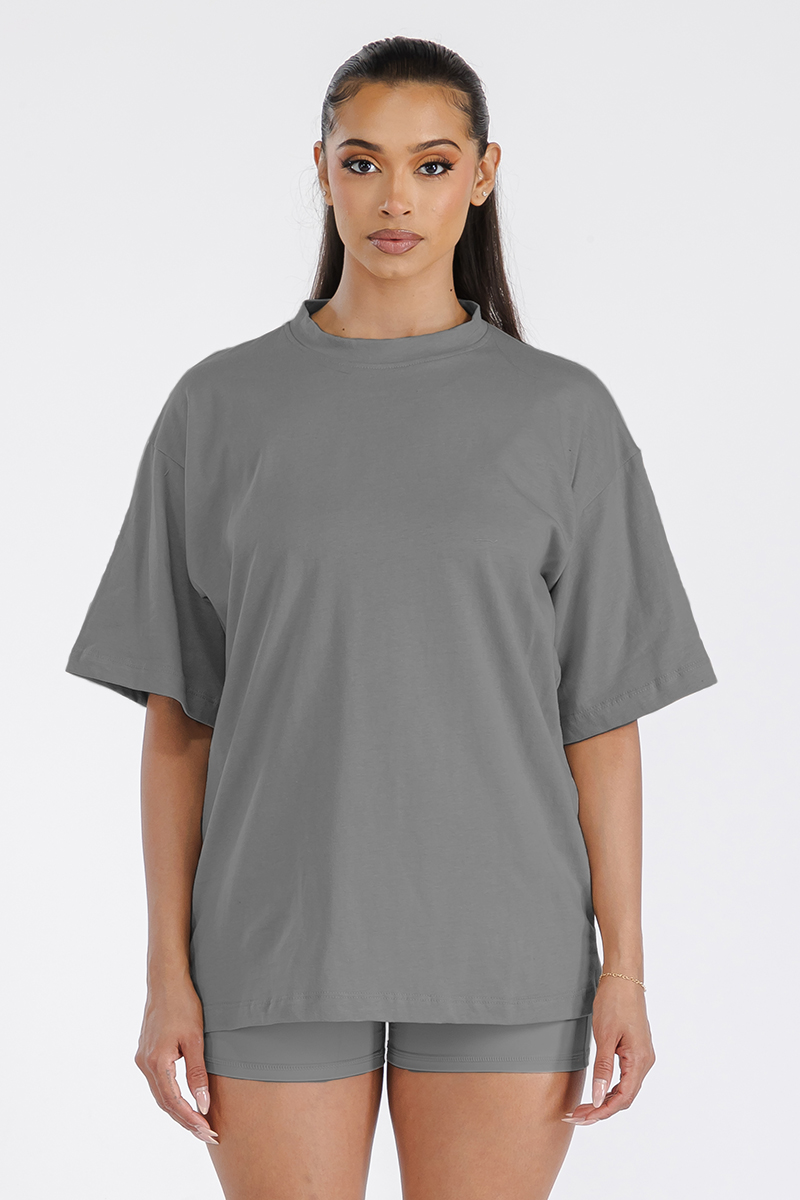 Womens Boyfriend Oversized Drop Shoulder Tee in soft cotton, showcasing its relaxed fit and round neck design.