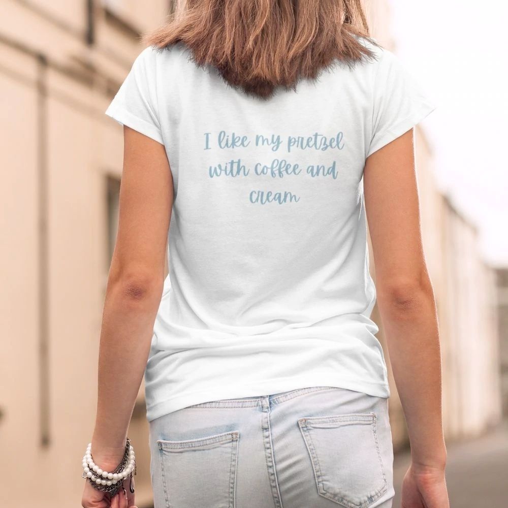 Womens Life is Like a Pretzel T-Shirt featuring a playful pretzel design on the back, made from 100% heavy cotton for comfort.