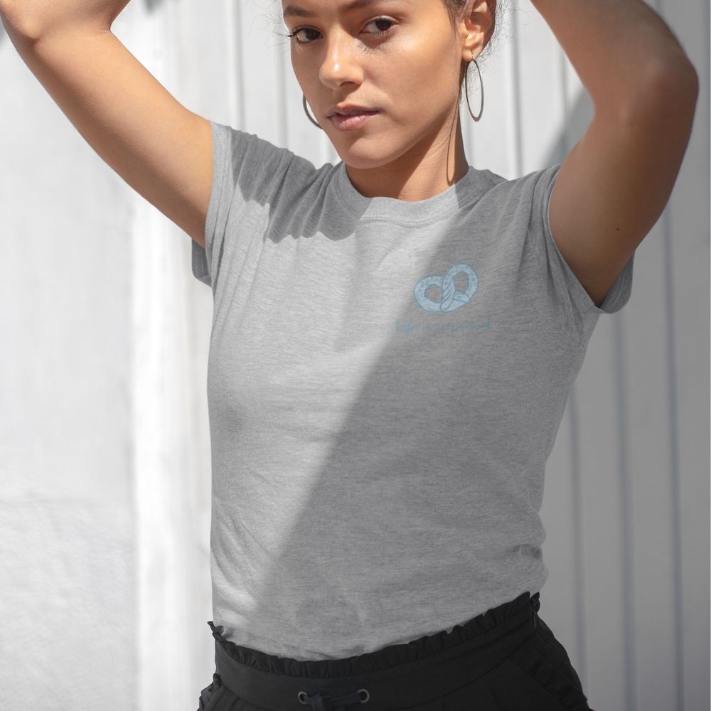 Womens Life is Like a Pretzel T-Shirt featuring a playful pretzel design on the back, made from 100% heavy cotton for comfort.