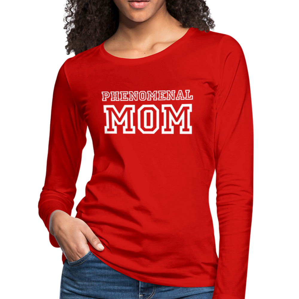 Womens Long Sleeve Graphic Tee featuring a Phenomenal Mom print, showcasing its soft fabric and stylish design.