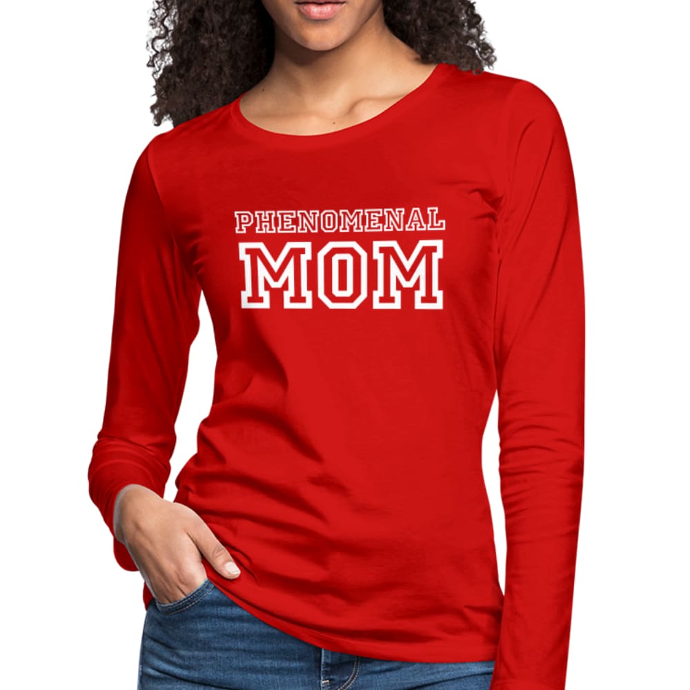 Womens Long Sleeve Graphic Tee featuring a Phenomenal Mom print, showcasing its soft fabric and stylish design.